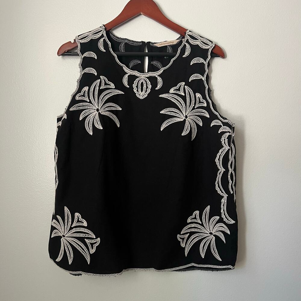 Soft Surroundings Bernita Linen Blend Black Embroidered Tank Top